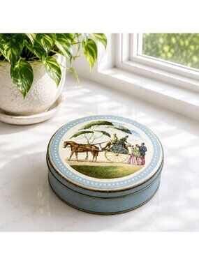 Vintage Round Metal Tin With Horse & Carriage Scene Blue Polka Dot Design Decora